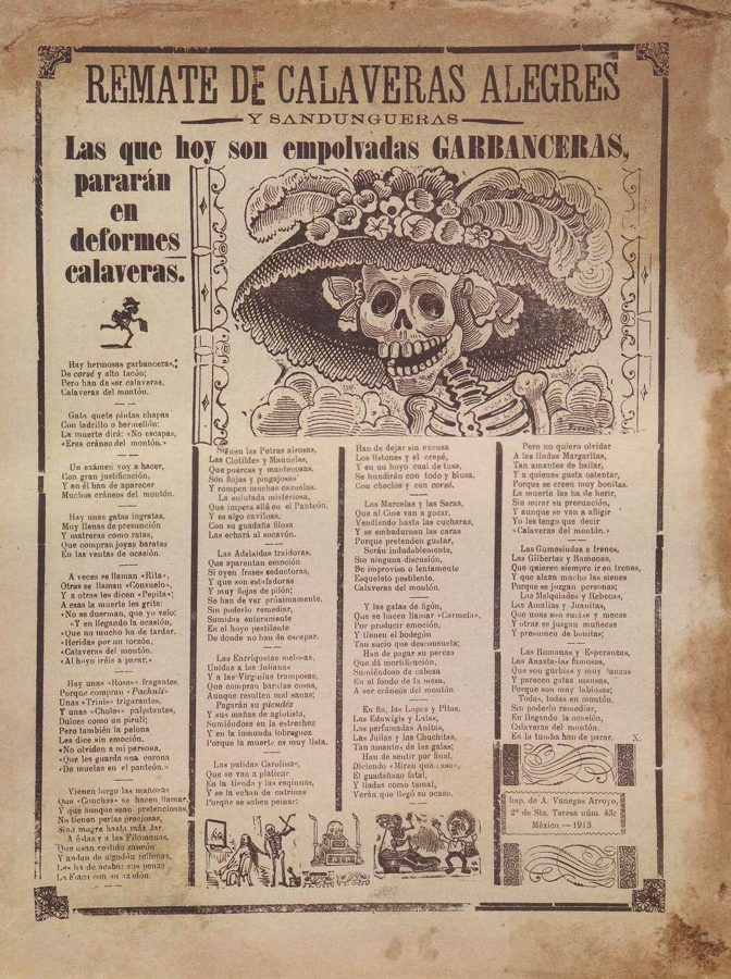 The full 1913 printed sheet, with the Catrina engraving surrounded by a Spanish headline and verses.