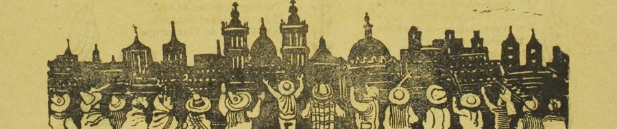 A crowd of people in hats and shawls, seen from behind, arms raised toward a city skyline of domes and bell towers.