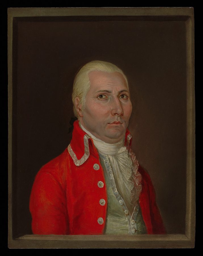 A man in a bright red coat with lace at the throat and powdered hair, painted as if sitting inside a window frame.