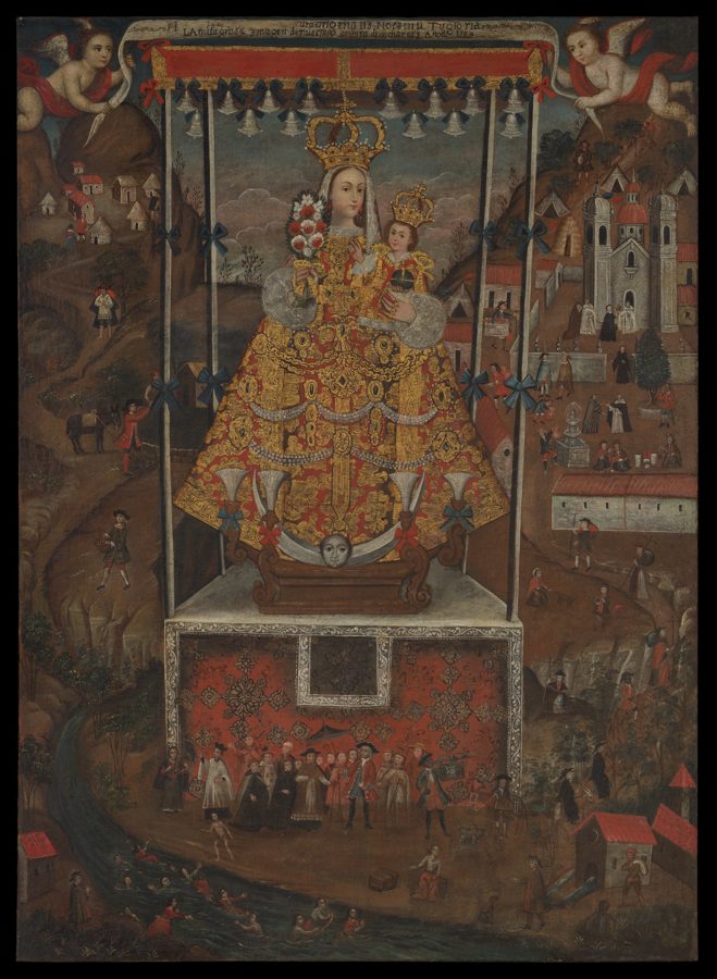A figure in a gold and red gown under a canopy, surrounded by a landscape of a village, a church, mountains, market stalls, riders, and children swimming in a river.