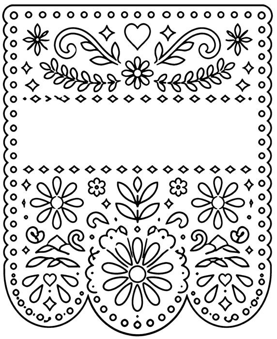 Papel picado coloring template with flowers, leaves, a heart, and a blank band across the middle.