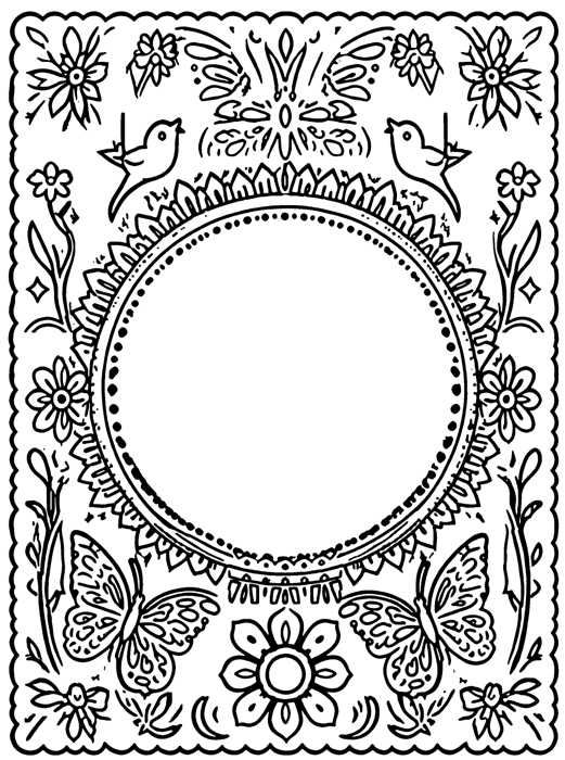 Papel picado coloring template with birds, butterflies, and flowers around a blank circle.